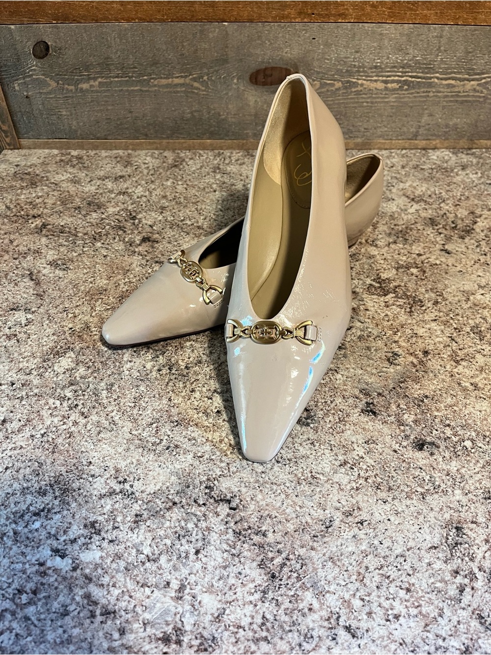 Sam Edelman Women’s Pointed Toe Patent Leather Flats in Beige with Gold Hardware